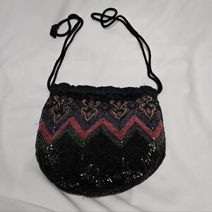 Vintage Black, Red And Golden Colored Hand Beaded Women's Bag.